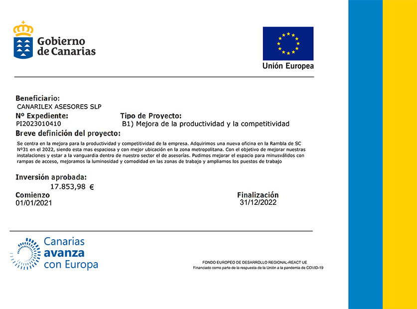 Cartel anunciador Subvención Canarias Avanza con Europa